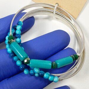 Set of 3 Polished Silver-tone Turquoise color Beaded Stretchy Bracelets
